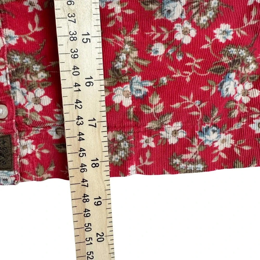 Ralph Lauren Floral Corduroy Button Down Shirt Girls L Red Cotton Long Sleeve